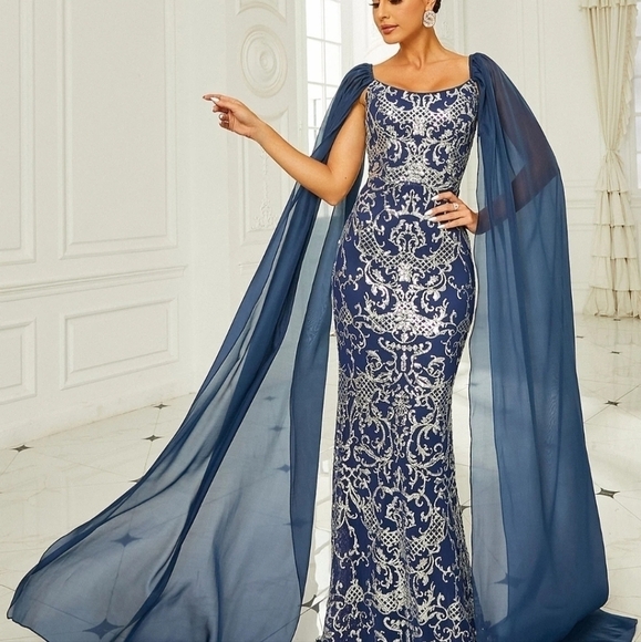 Retro, Draped Sleeves,  Contrast Sequined, Backless,  Gown - Picture 2 of 16